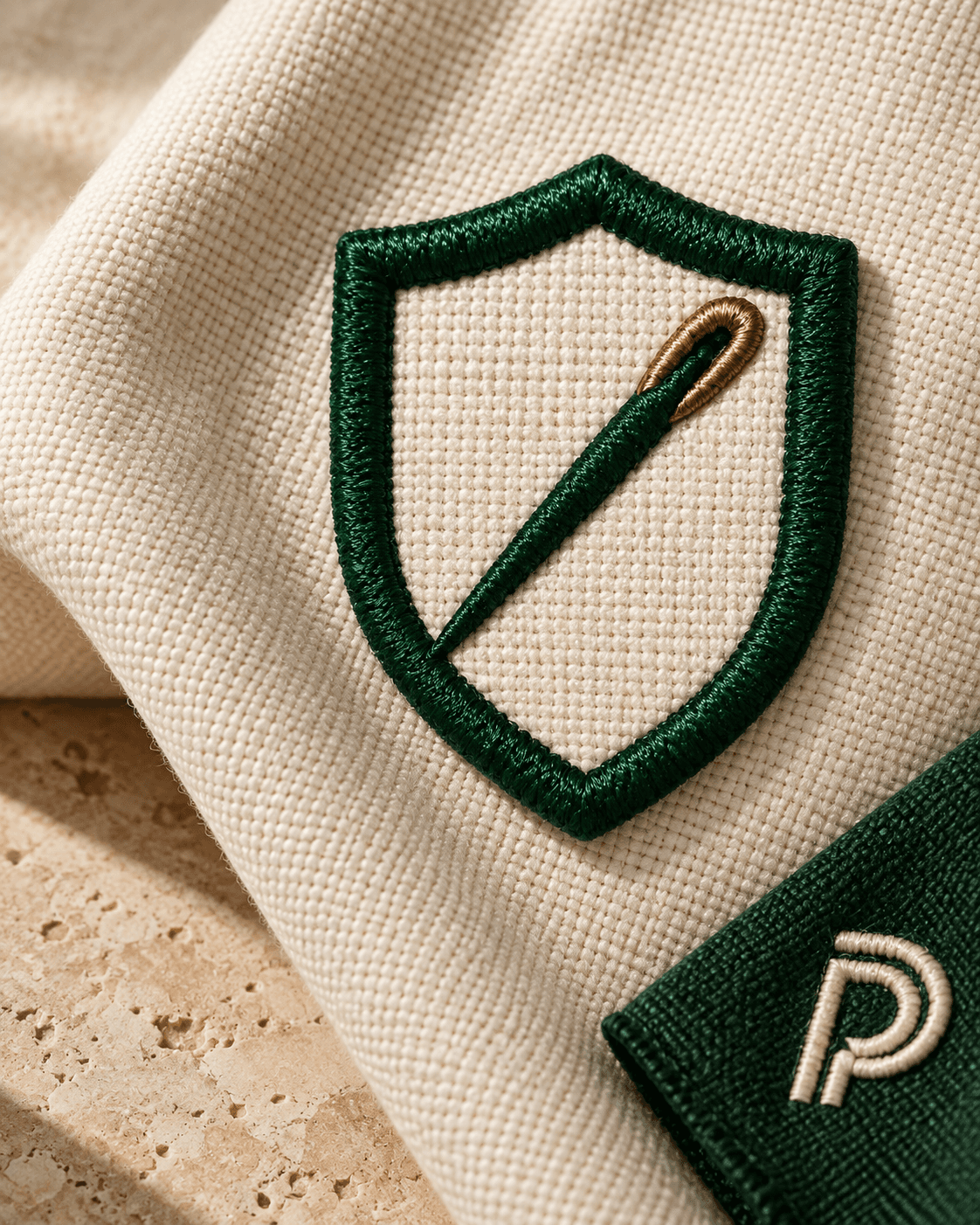 Embroidery concept: a forest-green needle crest on ivory woven canvas